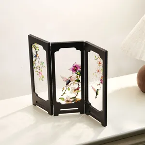 Vintage Mini Tabletop Screen Divider Retro Floral Glass Desktop Decorative Ornaments