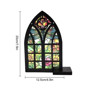 Gothic style wooden stained glass window decor dragonfly floral tabletop craft ornament