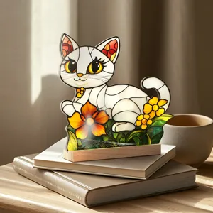 Stained glass style cat acrylic ornament detail, cute floral desktop home decor accent.
