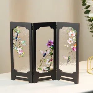 Mini desktop folding screen vintage embossed glass flower bird home decor ornament