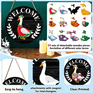 Wooden welcome door sign with 24 interchangeable magnetic seasonal clothing pieces for decor.