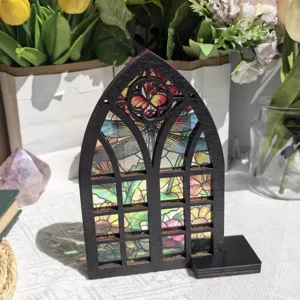 Wooden stained glass window ornament gothic tabletop decor butterfly flower aesthetic design