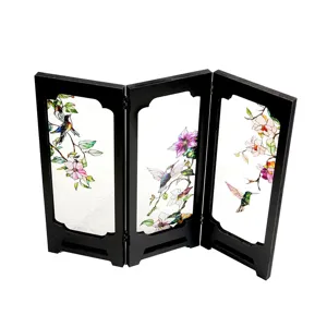 Tabletop miniature folding screen with stained glass hummingbird floral art decoration