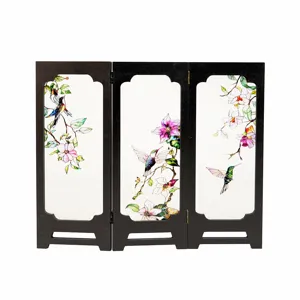 Vintage mini decorative folding screen tabletop floral bird glass accent decor