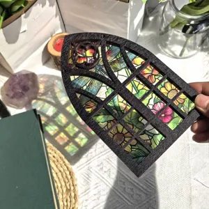 Wooden Stained Glass Window Ornament Gothic Arch Hanging Decor Home Table Wall Art