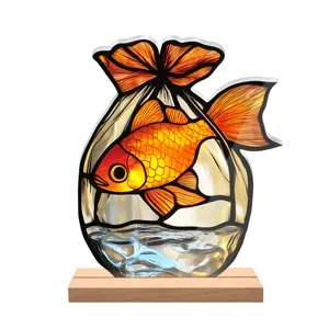Stained glass style goldfish acrylic desktop ornament with wooden base for home decor display