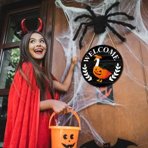 Halloween wooden hanging sign with cute goose and pumpkin design for front door decor.