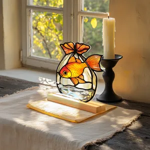 Stained glass style goldfish acrylic desktop ornament with wooden base for home decor