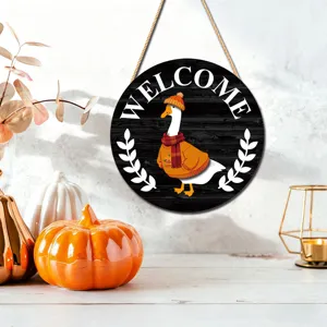 Autumn wooden welcome hanging sign with cute goose illustration for front door home decor.