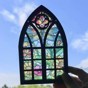 Gothic arch stained glass window hanging wooden decor dragonfly floral translucent pendant