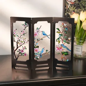 Exquisite vintage tabletop folding screen with floral and bird stained glass details for home decor.