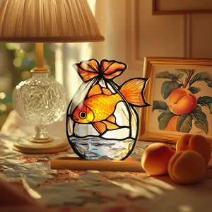 Stained glass style goldfish bag acrylic desktop ornament with wooden base for home decor.