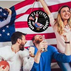 Patriotic wooden welcome hanging sign with cute Uncle Sam goose design for holiday home decor.