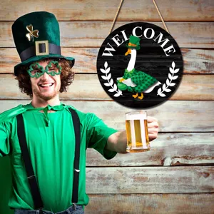 St. Patrick's Day wooden hanging sign with cute goose welcome design for home decor party.
