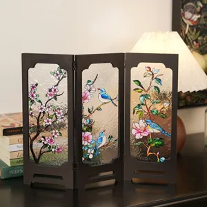 Vintage mini folding screen tabletop glass decorative ornament with floral and bird art design