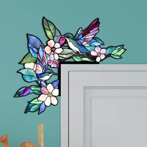 Adesivo d'angolo porta colibrì in vetro colorato, decorazione murale in legno adesiva.
