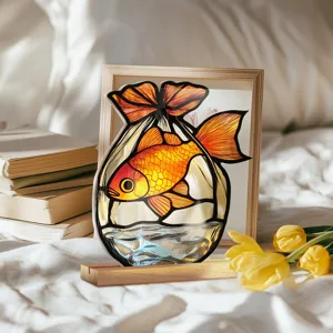Stained glass style goldfish acrylic desktop ornament with wooden base for home decor.
