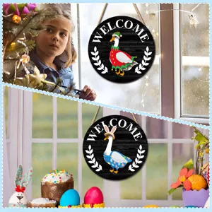 Wooden hanging sign detail showing interchangeable seasonal goose designs for home holiday decor.