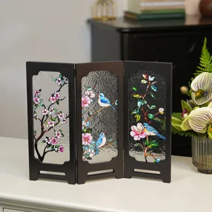 Miniature Tabletop Glass Screen Vintage Folding Room Divider Desktop Decorative Home Ornament