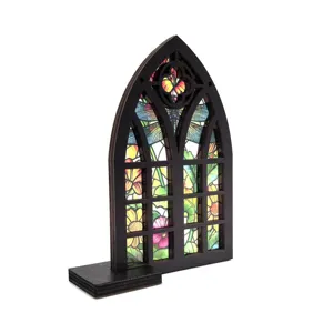 Gothic arched wooden window ornament with vibrant stained glass floral dragonfly pattern desk decor