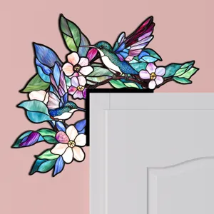 Adesivo angolare per porta con colibrì e fiori in vetro colorato, decorazione murale.
