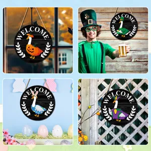Wooden welcome sign interchangeable seasonal hanging plaque featuring cute goose decor