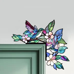 Adesivo per porta d'angolo colibrì in vetro colorato, decalcomania floreale in legno.