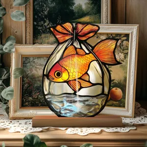 Stained glass style acrylic goldfish desktop decoration, vibrant home decor piece with wooden base.