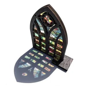 Wooden arched stained glass window bookend, gothic desktop ornament home decor gift.