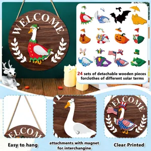 Wooden welcome sign with interchangeable magnetic seasonal pieces and hanging rope.