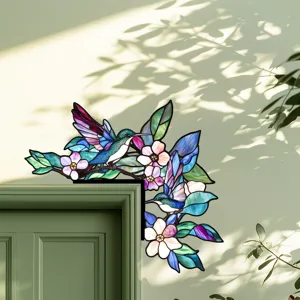 Adesivo angolare per porta con colibrì in vetro colorato, decalcomania floreale in legno.