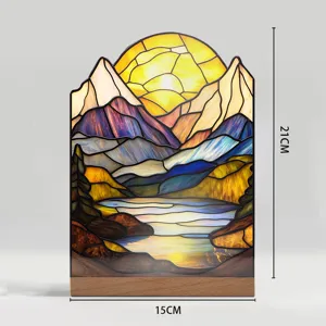 Stained glass style mountain landscape acrylic desktop ornament with wooden base 21x15cm