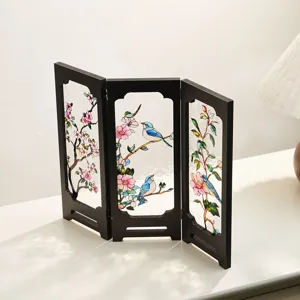 Miniature wooden folding screen table decoration with exquisite floral bird glass panel.