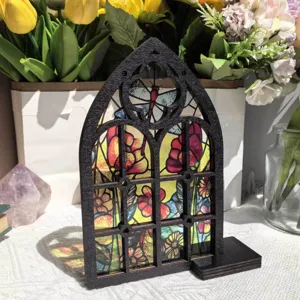 Gothic arch window wooden decorative piece translucent floral display desktop home decor ornament