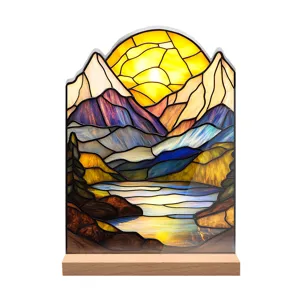 Stained glass style acrylic desktop ornament featuring a beautiful mountain landscape and bright sun.