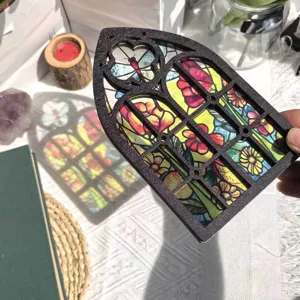 Gothic stained glass wooden window ornament, colorful floral hanging decor for home.