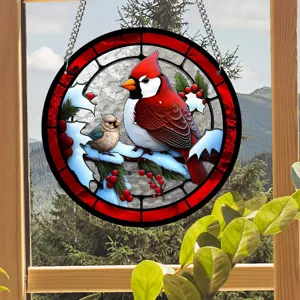 Cardinal Stained Glass Window Hanging Sun Catcher Acrylic Winter Bird Home Decor Ornament
