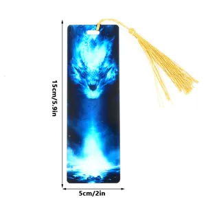 Blue glowing dragon acrylic bookmark with golden tassel, detailed view showing dimensions.