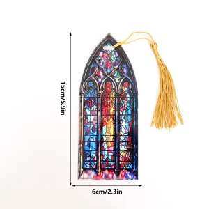 Acrylic stained glass window bookmark with gold tassel, detailed church design 15x6cm