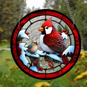 Acrylic stained glass suncatcher featuring a red cardinal bird, beautiful window hanging home decor.