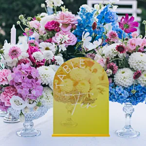 Acrylic wedding table number sign, gold mirror arch tabletop card for wedding party decor.