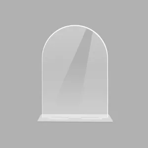 Clear acrylic arch sign holder detail view, ideal for DIY wedding table numbers and desktop decor.