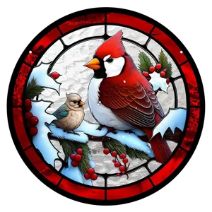 Detailed view of the stained glass cardinal suncatcher, showing vibrant colors and fine craftsmanship.