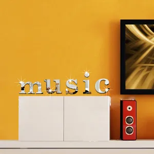 Zilveren spiegel muziek letter muurstickers DIY acryl wanddecoratie voor de woonkamer.