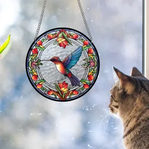 Stained glass acrylic hummingbird suncatcher hanging window decoration closeup view.
