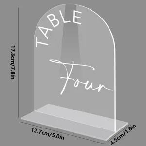 Clear acrylic arched table number sign with base, size and dimension detail display product.