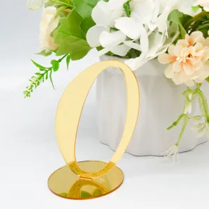 Gold acrylic table number sign 0 for wedding party restaurant tabletop decor display piece.