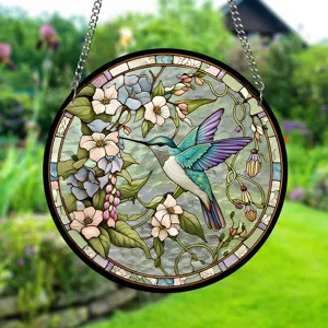Round acrylic stained glass hummingbird window hanging suncatcher home garden decor item