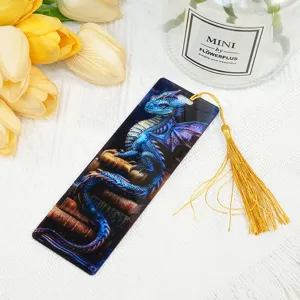 Close-up of translucent acrylic dragon bookmark featuring detailed fantasy artwork and gold tassel.