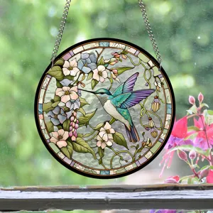 Acrylic stained glass hummingbird sun catcher window hanging home decor detail view
